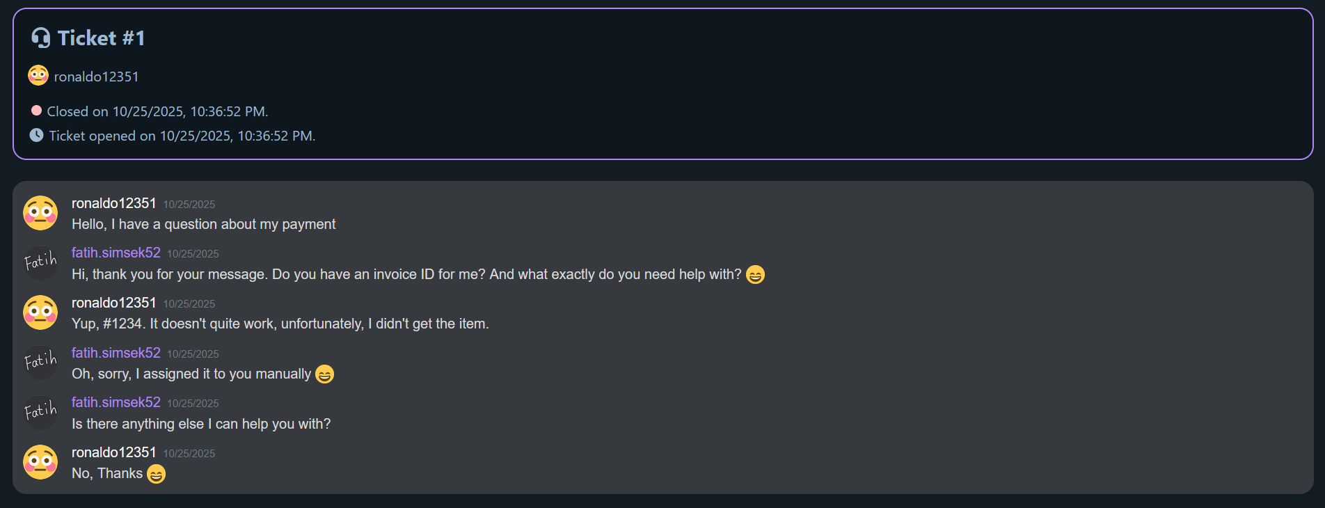 Screenshot che mostra un ticket sul nostro visualizzatore di log ticket basato sul web